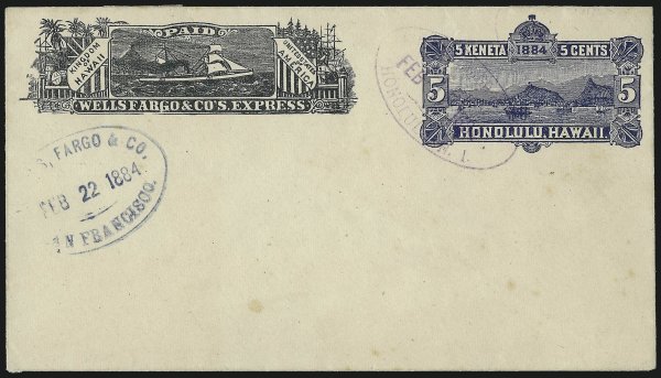 A bogus blue-black frank and bogus San Francisco Wells Fargo mark dated February 22, 1884
